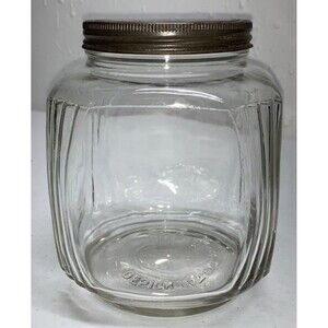 Vtg Glass Canister Jar Tin Lid Storage Cookie Jar Hazel Atlas Hoosier Ribbed